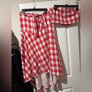 Free People Red and White Plaid Asymmetrical Skirt Set 🔥 Size L